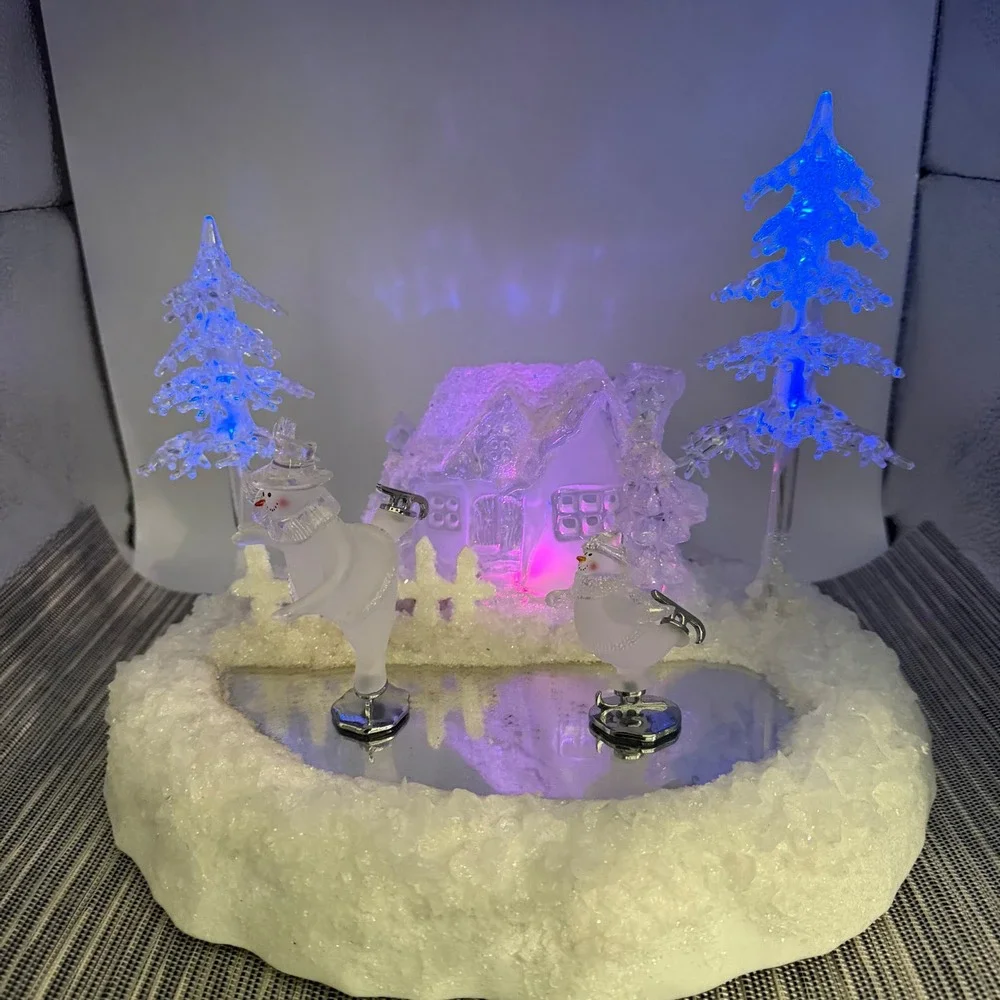 Heritage Mint Holiday Ice Sculptures Skating Snowman Village Scene C135 Light Up